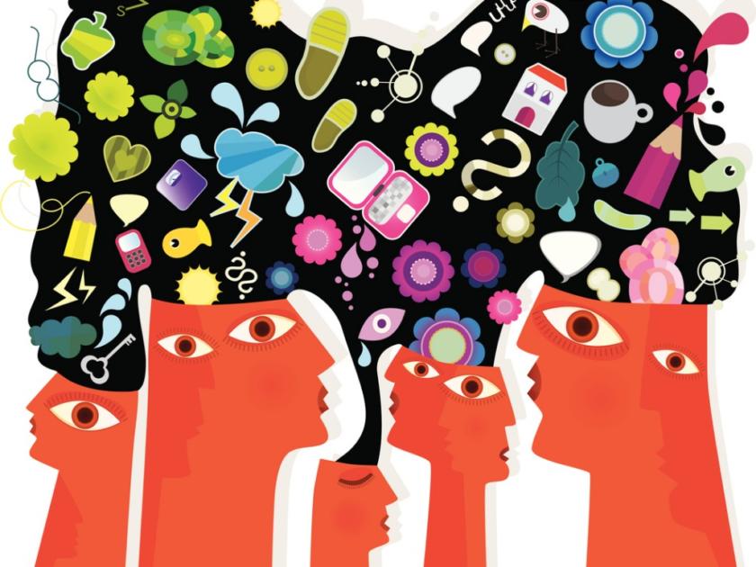 Cubist-style people with a lot of things in their minds, literally in their heads there are things like pencils fishes, flowers etc.