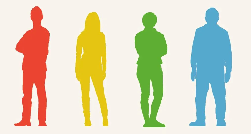 Four coloured silhouettes of people (red, yellow, green, and blue).