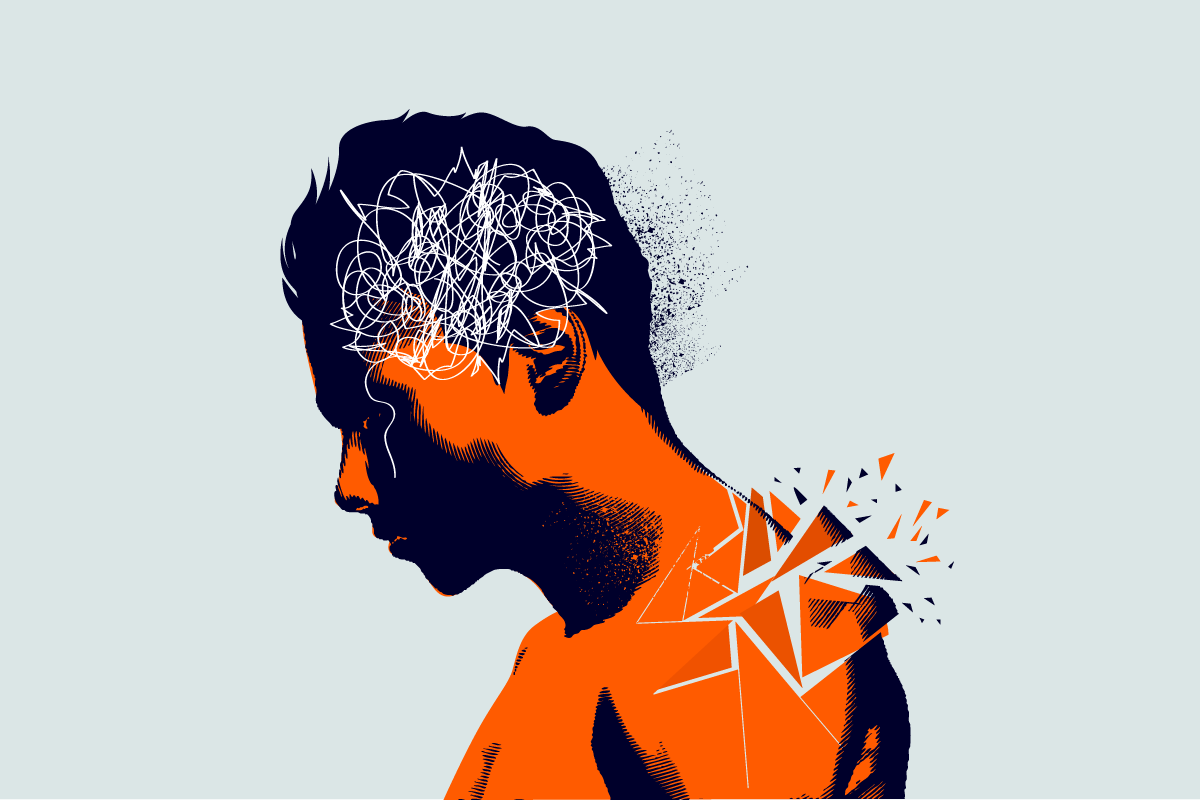 A drawing of a person that thinks too much, with an overly excited brain, that is starting to break apart from their shoulders.